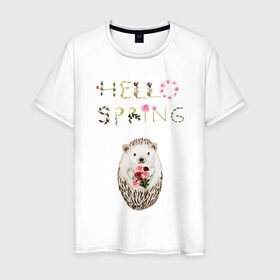 Мужская футболка хлопок с принтом Hello Spring! в Курске, 100% хлопок | прямой крой, круглый вырез горловины, длина до линии бедер, слегка спущенное плечо. | 8 марта | dreams | всемирный женский день | ежик | иголки | цветы