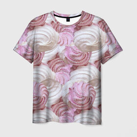 Мужская футболка 3D с принтом Зефир белый и розовый в Курске, 100% полиэфир | прямой крой, круглый вырез горловины, длина до линии бедер | Тематика изображения на принте: валентинов день | влюбленные | зефир | любовь | пирожное | романтика | сладости