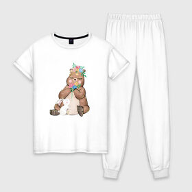 Женская пижама хлопок с принтом Медведица в Курске, 100% хлопок | брюки и футболка прямого кроя, без карманов, на брюках мягкая резинка на поясе и по низу штанин | мама | медвежонок | цветы
