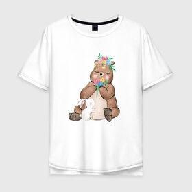 Мужская футболка хлопок Oversize с принтом Медведица в Курске, 100% хлопок | свободный крой, круглый ворот, “спинка” длиннее передней части | мама | медвежонок | цветы