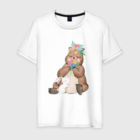 Мужская футболка хлопок с принтом Медведица в Курске, 100% хлопок | прямой крой, круглый вырез горловины, длина до линии бедер, слегка спущенное плечо. | мама | медвежонок | цветы