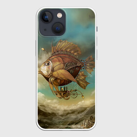 Чехол для iPhone 13 mini с принтом Рыба дирижабль в Курске,  |  | steampunk | биомеханика | воздушный шар | горы | дережабль | дирижабль | карась | коричневый | летательный  аппарат | медь | механика | парусник | пиранья | рыба | рыбка | сепия | стим | стимпанк