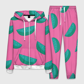 Мужской костюм 3D с принтом Арбузы на розовом в Курске, 100% полиэстер | Манжеты и пояс оформлены тканевой резинкой, двухслойный капюшон со шнурком для регулировки, карманы спереди | арбуз | зеленый | летний | паттерн | подарок | простой | розовыйй | тропический | узор | фрукт