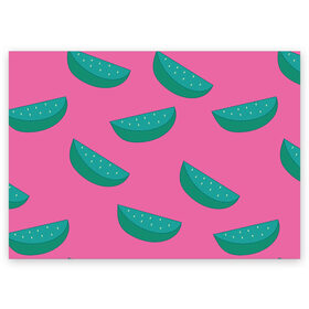 Поздравительная открытка с принтом Арбузы на розовом в Курске, 100% бумага | плотность бумаги 280 г/м2, матовая, на обратной стороне линовка и место для марки
 | Тематика изображения на принте: арбуз | зеленый | летний | паттерн | подарок | простой | розовыйй | тропический | узор | фрукт