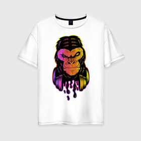 Женская футболка хлопок Oversize с принтом Горилла с наушниками в Курске, 100% хлопок | свободный крой, круглый ворот, спущенный рукав, длина до линии бедер
 | горилла | градиент | животные | злой | музыка | наушники | обезьяна | хипстер