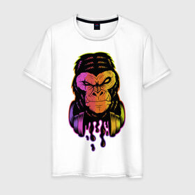 Мужская футболка хлопок с принтом Горилла с наушниками в Курске, 100% хлопок | прямой крой, круглый вырез горловины, длина до линии бедер, слегка спущенное плечо. | горилла | градиент | животные | злой | музыка | наушники | обезьяна | хипстер