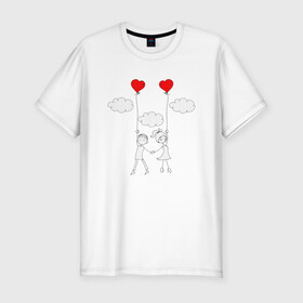 Мужская футболка хлопок Slim с принтом Полет любви в Курске, 92% хлопок, 8% лайкра | приталенный силуэт, круглый вырез ворота, длина до линии бедра, короткий рукав | люблю | парные | сердце | шары воздушные