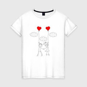 Женская футболка хлопок с принтом Полет любви в Курске, 100% хлопок | прямой крой, круглый вырез горловины, длина до линии бедер, слегка спущенное плечо | Тематика изображения на принте: люблю | парные | сердце | шары воздушные