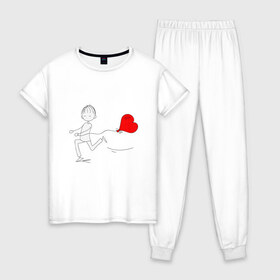 Женская пижама хлопок с принтом Бегу к тебе в Курске, 100% хлопок | брюки и футболка прямого кроя, без карманов, на брюках мягкая резинка на поясе и по низу штанин | Тематика изображения на принте: люблю | парные | сердце | шары воздушные