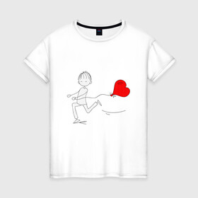 Женская футболка хлопок с принтом Бегу к тебе в Курске, 100% хлопок | прямой крой, круглый вырез горловины, длина до линии бедер, слегка спущенное плечо | Тематика изображения на принте: люблю | парные | сердце | шары воздушные