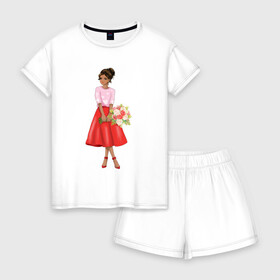 Женская пижама с шортиками хлопок с принтом К свиданию готова! в Курске, 100% хлопок | футболка прямого кроя, шорты свободные с широкой мягкой резинкой | букет | девушка | красный | цветы