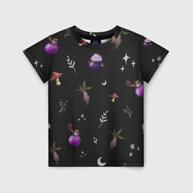 Детская футболка 3D с принтом Magic pattern в Курске, 100% гипоаллергенный полиэфир | прямой крой, круглый вырез горловины, длина до линии бедер, чуть спущенное плечо, ткань немного тянется | bottle | mandrake | mushroom | pot | волшебство | зелье | паттерн