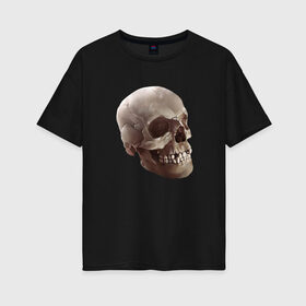 Женская футболка хлопок Oversize с принтом Череп в Курске, 100% хлопок | свободный крой, круглый ворот, спущенный рукав, длина до линии бедер
 | взгляд | голова | скелет | страшно | череп