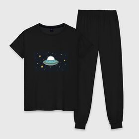 Женская пижама хлопок с принтом UFO в Курске, 100% хлопок | брюки и футболка прямого кроя, без карманов, на брюках мягкая резинка на поясе и по низу штанин | звезды | космос | летающая тарелка | мерцание | метеориты