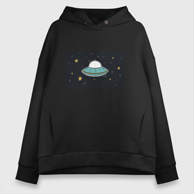 Женское худи Oversize хлопок с принтом UFO в Курске, френч-терри — 70% хлопок, 30% полиэстер. Мягкий теплый начес внутри —100% хлопок | боковые карманы, эластичные манжеты и нижняя кромка, капюшон на магнитной кнопке | звезды | космос | летающая тарелка | мерцание | метеориты