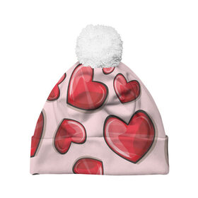 Шапка 3D c помпоном с принтом Узор Сердечки для влюбленных в Курске, 100% полиэстер | универсальный размер, печать по всей поверхности изделия | 14 февраля | влюбленным | день святого валентина | красные | любовь | парные | подарок | сердечки | узор