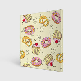 Холст квадратный с принтом Узор Сладости в Курске, 100% ПВХ |  | Тематика изображения на принте: детский | диета | желтый | капкейк | крендель | нарисованный | паттерн | пирожок | пончик | розовый | сладости | узор