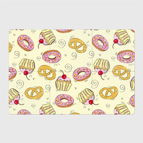 Магнитный плакат 3Х2 с принтом Узор Сладости в Курске, Полимерный материал с магнитным слоем | 6 деталей размером 9*9 см | детский | диета | желтый | капкейк | крендель | нарисованный | паттерн | пирожок | пончик | розовый | сладости | узор