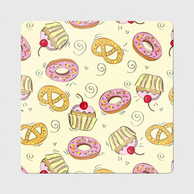 Магнит виниловый Квадрат с принтом Узор Сладости в Курске, полимерный материал с магнитным слоем | размер 9*9 см, закругленные углы | детский | диета | желтый | капкейк | крендель | нарисованный | паттерн | пирожок | пончик | розовый | сладости | узор