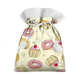 Подарочный 3D мешок с принтом Узор Сладости в Курске, 100% полиэстер | Размер: 29*39 см | детский | диета | желтый | капкейк | крендель | нарисованный | паттерн | пирожок | пончик | розовый | сладости | узор