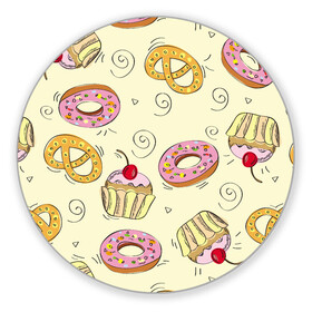Коврик для мышки круглый с принтом Узор Сладости в Курске, резина и полиэстер | круглая форма, изображение наносится на всю лицевую часть | детский | диета | желтый | капкейк | крендель | нарисованный | паттерн | пирожок | пончик | розовый | сладости | узор