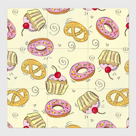 Магнитный плакат 3Х3 с принтом Узор Сладости в Курске, Полимерный материал с магнитным слоем | 9 деталей размером 9*9 см | детский | диета | желтый | капкейк | крендель | нарисованный | паттерн | пирожок | пончик | розовый | сладости | узор