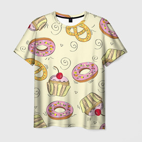 Мужская футболка 3D с принтом Узор Сладости в Курске, 100% полиэфир | прямой крой, круглый вырез горловины, длина до линии бедер | Тематика изображения на принте: детский | диета | желтый | капкейк | крендель | нарисованный | паттерн | пирожок | пончик | розовый | сладости | узор