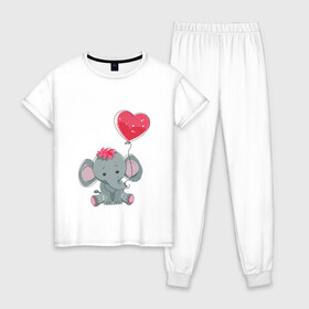 Женская пижама хлопок с принтом Влюбленный слоник в Курске, 100% хлопок | брюки и футболка прямого кроя, без карманов, на брюках мягкая резинка на поясе и по низу штанин | Тематика изображения на принте: влюбленность | животные | мальчик | парные | сердце | слоник | шары