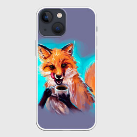 Чехол для iPhone 13 mini с принтом Лиса с кофе в Курске,  |  | fox | foxy | животное | звери | лиса | лисенок | лисичка | милая | рыжая | фокс
