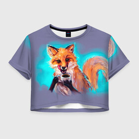 Женская футболка Crop-top 3D с принтом Лиса с кофе в Курске, 100% полиэстер | круглая горловина, длина футболки до линии талии, рукава с отворотами | fox | foxy | животное | звери | лиса | лисенок | лисичка | милая | рыжая | фокс