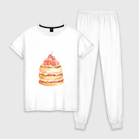 Женская пижама хлопок с принтом Панкейки в Курске, 100% хлопок | брюки и футболка прямого кроя, без карманов, на брюках мягкая резинка на поясе и по низу штанин | клубничка | сладости | тортик