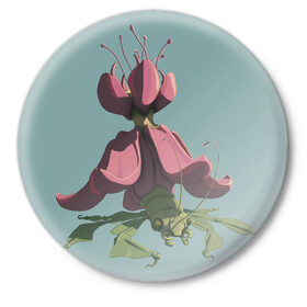 Значок с принтом Хищное насекомое в Курске,  металл | круглая форма, металлическая застежка в виде булавки | зеленый | насекомое | розовый | фэнтези | цветок