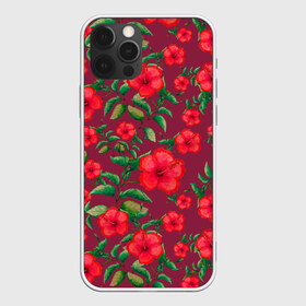 Чехол для iPhone 12 Pro Max с принтом Гибискусы на вишневом фоне в Курске, Силикон |  | 8 марта | flowers | summer | ботаническая иллюстрация | весна | вишневый | гибискус | зеленый | красный | лето | любовь | праздник | принт | природа | растения | цветы