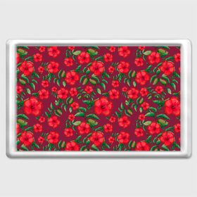 Магнит 45*70 с принтом Гибискусы на вишневом фоне в Курске, Пластик | Размер: 78*52 мм; Размер печати: 70*45 | Тематика изображения на принте: 8 марта | flowers | summer | ботаническая иллюстрация | весна | вишневый | гибискус | зеленый | красный | лето | любовь | праздник | принт | природа | растения | цветы