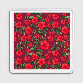 Магнит 55*55 с принтом Гибискусы на вишневом фоне в Курске, Пластик | Размер: 65*65 мм; Размер печати: 55*55 мм | Тематика изображения на принте: 8 марта | flowers | summer | ботаническая иллюстрация | весна | вишневый | гибискус | зеленый | красный | лето | любовь | праздник | принт | природа | растения | цветы