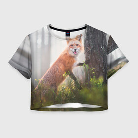 Женская футболка Crop-top 3D с принтом Лисица в Курске, 100% полиэстер | круглая горловина, длина футболки до линии талии, рукава с отворотами | fox | foxy | животное | звери | лиса | лисенок | лисичка | милая | рыжая | фокс