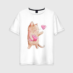 Женская футболка хлопок Oversize с принтом Влюбленный котик в Курске, 100% хлопок | свободный крой, круглый ворот, спущенный рукав, длина до линии бедер
 | 14 февраля | день святого валентина | котейко | котики | мурмурмур
