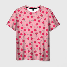 Мужская футболка 3D с принтом Сердечки на палочках в Курске, 100% полиэфир | прямой крой, круглый вырез горловины, длина до линии бедер | 8 марта | love | девочки | женская | леденцы | любовь | подружке | сердечки | сосачки | чупа чупс