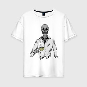 Женская футболка хлопок Oversize с принтом Скелет с кофе в Курске, 100% хлопок | свободный крой, круглый ворот, спущенный рукав, длина до линии бедер
 | горячий | кости | кофе | кружка | скелет | хипстер | череп