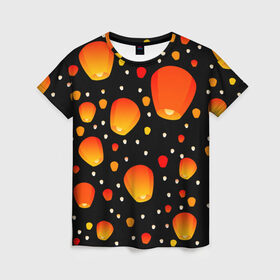 Женская футболка 3D с принтом Sky Lanterns в Курске, 100% полиэфир ( синтетическое хлопкоподобное полотно) | прямой крой, круглый вырез горловины, длина до линии бедер | lanterns festival | sky lanterns | небесные фонарики | фестиваль фонариков