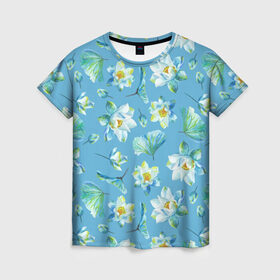 Женская футболка 3D с принтом Цветущие небесные кувшинки в Курске, 100% полиэфир ( синтетическое хлопкоподобное полотно) | прямой крой, круглый вырез горловины, длина до линии бедер | кувшинки | лето | цветы
