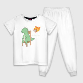 Детская пижама хлопок с принтом Это нормально... в Курске, 100% хлопок |  брюки и футболка прямого кроя, без карманов, на брюках мягкая резинка на поясе и по низу штанин
 | this is fine | дино | динозавр | динос | комета | неловко | это нормально