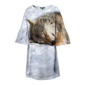 Детское платье 3D с принтом Спящий Волк в Курске, 100% полиэстер | прямой силуэт, чуть расширенный к низу. Круглая горловина, на рукавах — воланы | animals | wolf | волк | волки | животные | звери | зверь | одиночество | одиночка | пёс | собака | спящий волк