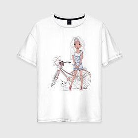 Женская футболка хлопок Oversize с принтом Оторва в Курске, 100% хлопок | свободный крой, круглый ворот, спущенный рукав, длина до линии бедер
 | tegunvteg | дама с собачкой | животные | кошечка | кошка | силуэт