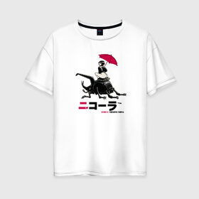 Женская футболка хлопок Oversize с принтом Cyberpunk 2077 Nicola drink в Курске, 100% хлопок | свободный крой, круглый ворот, спущенный рукав, длина до линии бедер
 | bug | cyberpunk 2077 | drink | girl | japan | nicola