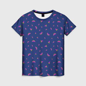 Женская футболка 3D с принтом WATERMELON fresh в Курске, 100% полиэфир ( синтетическое хлопкоподобное полотно) | прямой крой, круглый вырез горловины, длина до линии бедер | berries | fresh | fruits | арбуз | летний | свежий | яркий