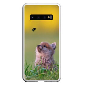 Чехол для Samsung Galaxy S10 с принтом Лисенок и пчелка в Курске, Силикон | Область печати: задняя сторона чехла, без боковых панелей | Тематика изображения на принте: fox | foxy | животное | звери | лиса | лисенок | лисичка | милая | рыжая | фокс