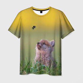 Мужская футболка 3D с принтом Лисенок и пчелка в Курске, 100% полиэфир | прямой крой, круглый вырез горловины, длина до линии бедер | Тематика изображения на принте: fox | foxy | животное | звери | лиса | лисенок | лисичка | милая | рыжая | фокс