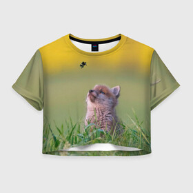 Женская футболка Crop-top 3D с принтом Лисенок и пчелка в Курске, 100% полиэстер | круглая горловина, длина футболки до линии талии, рукава с отворотами | fox | foxy | животное | звери | лиса | лисенок | лисичка | милая | рыжая | фокс