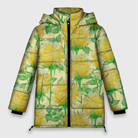 Женская зимняя куртка 3D с принтом Желтые розы на желтом фоне в Курске, верх — 100% полиэстер; подкладка — 100% полиэстер; утеплитель — 100% полиэстер | длина ниже бедра, силуэт Оверсайз. Есть воротник-стойка, отстегивающийся капюшон и ветрозащитная планка. 

Боковые карманы с листочкой на кнопках и внутренний карман на молнии | 8 марта | flowers | summer | ботаническая иллюстрация | весна | желтый | зеленый | лето | листья | любовь | праздник | принт | природа | растения | розы | цветы
